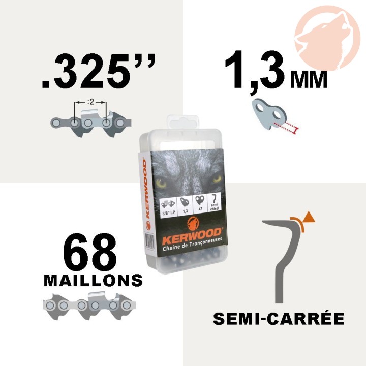 Chaîne de tronçonneuse - 0.325" - 1,3 mm - 68 maillons - semi carré - KERWOOD