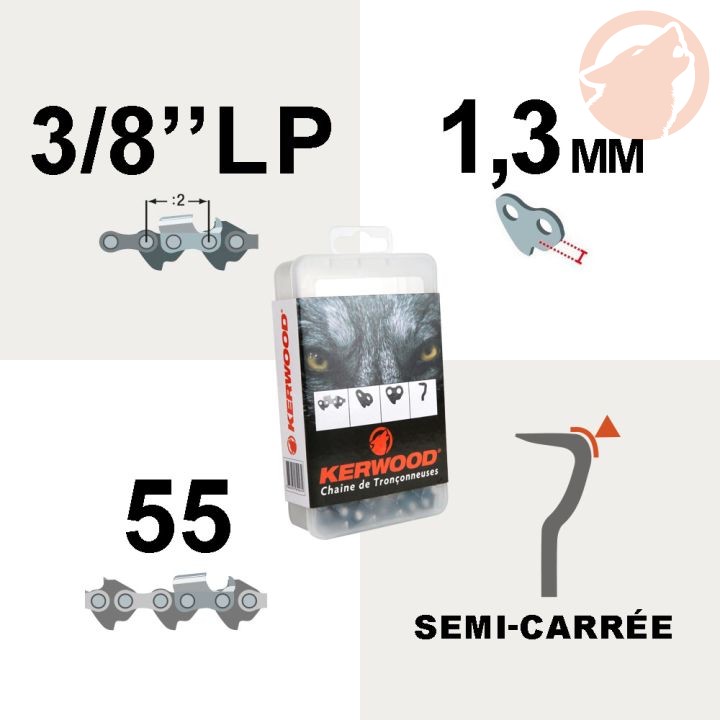 Chaîne de tronçonneuse - 3/8" Low Profile - 1,3 mm - 55 maillons - semi-carrée - KERWOOD