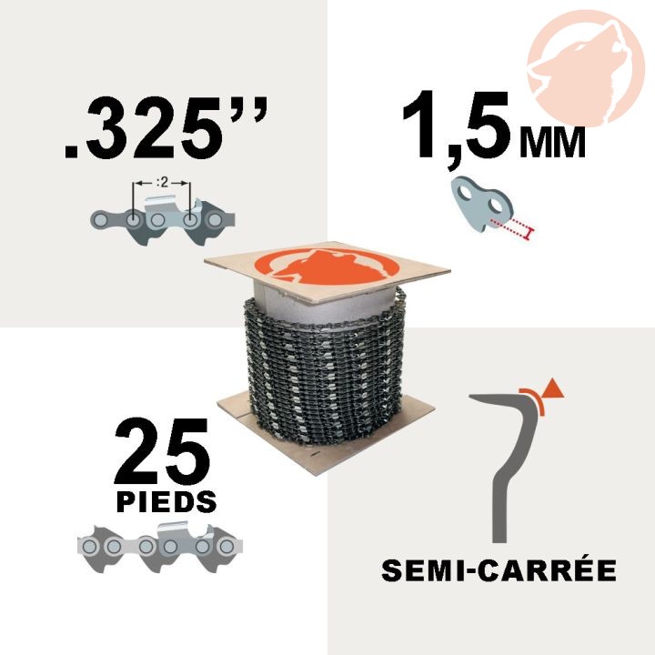 Chaîne de tronçonneuse - 0.325" - 1,5mm - rouleau 25 pieds - semi carrée - KERWOOD