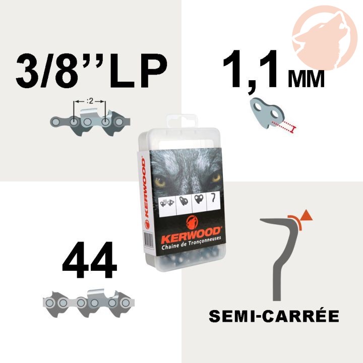 Chaîne de tronçonneuse - 3/8"LP - 1,1 mm - 44 maillons - semi carré - KERWOOD