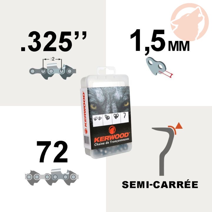 Chaîne de tronçonneuse - 0.325" - 1,5 mm - 72 maillons - semi carrée - KERWOOD