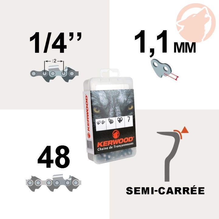 Chaîne de tronçonneuse - 1/4" - 1,1 mm- 48 maillons- semi carrée - KERWOOD