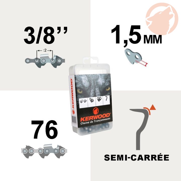 Chaîne de tronçonneuse - 3/8" - 1,5mm - 76 maillons - semi carrée - KERWOOD