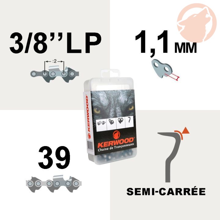 Chaîne de tronçonneuse - 3/8"LP - 1,1mm - 39 maillons - semi carrée - KERWOOD