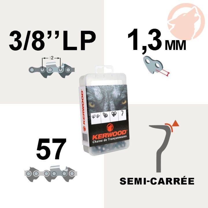 Chaîne de tronçonneuse - 3/8"LP - 1,3 mm - 57 maillons - semi carrée - KERWOOD